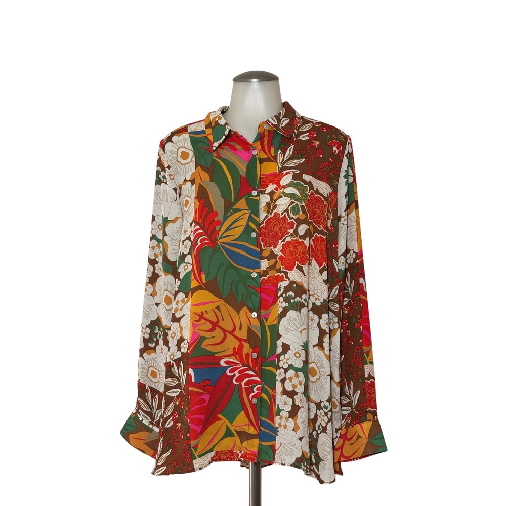 Rose + Olive Blouse Womens XL Multicolor Patchwork Floral Button Down Excellent